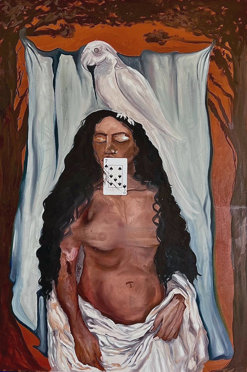 tela: mulher com carta de sete de espadas e pássaro branco