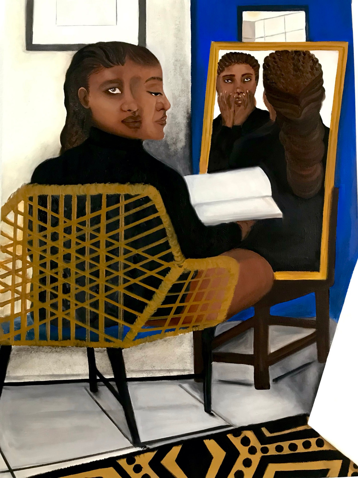 tela: figura sentada em cadeira amarela diante de espelho, quarto azul
